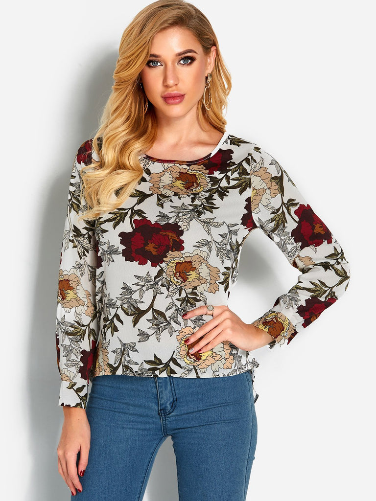 Round Neck Floral Print Zip Back Long Sleeve Irregular Hem White Blouses