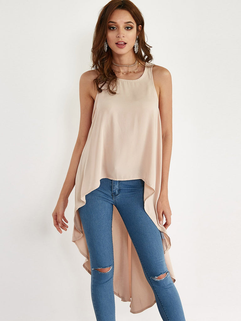 Round Neck Backless Sleeveless Irregular Hem Khaki Camis