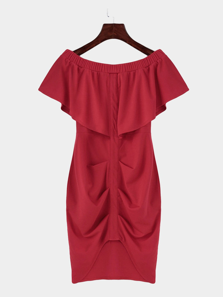 Red Bateau Off The Shoulder Short Sleeve Plain Tiered Mini Dress