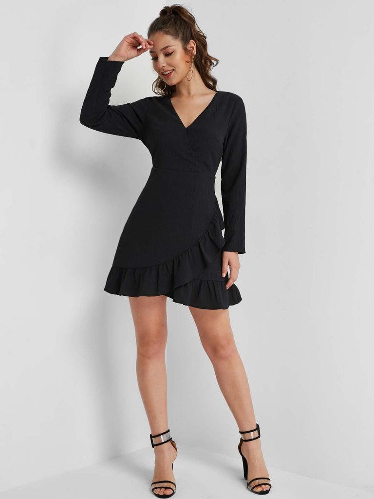 Black Deep V Neck Long Sleeve Wrap Flounced Hem Dresses