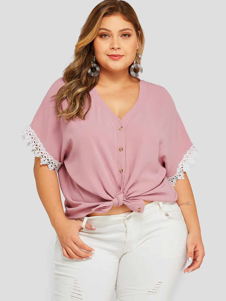 V-Neck Plain Lace Half Sleeve Pink Plus Size Tops
