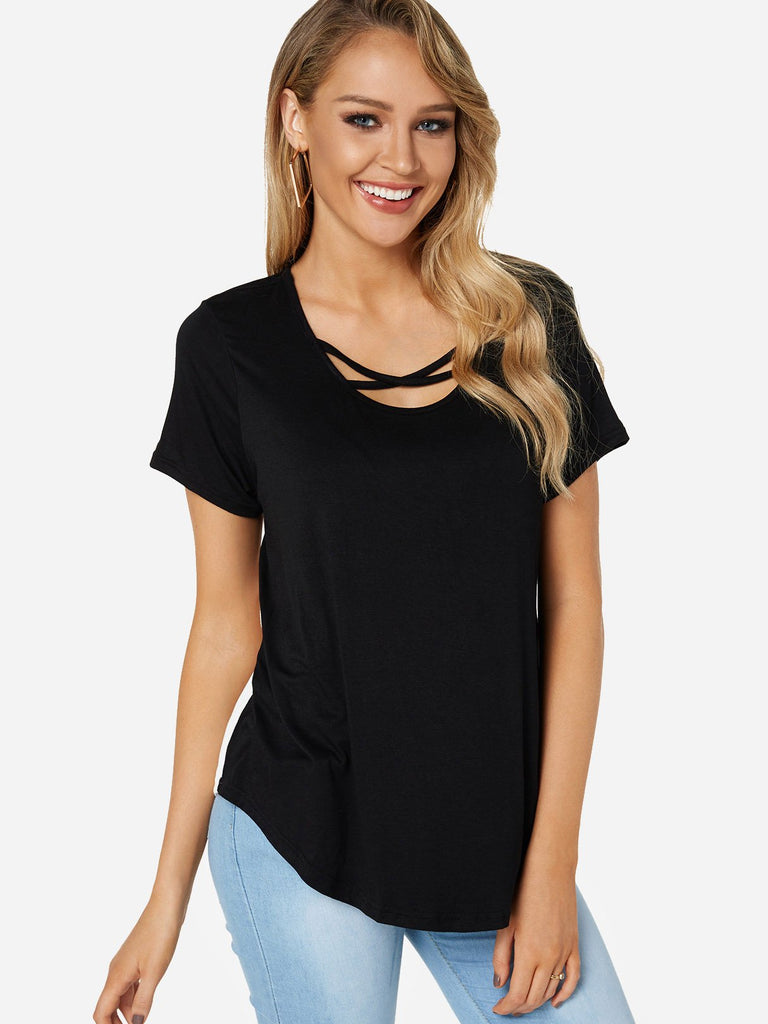 Round Neck Floral Print Crossed Front Short Sleeve Curved Hem Black T-Shirts