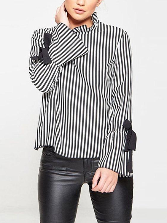 Stripe Backless Lace-Up Long Sleeve T-Shirts