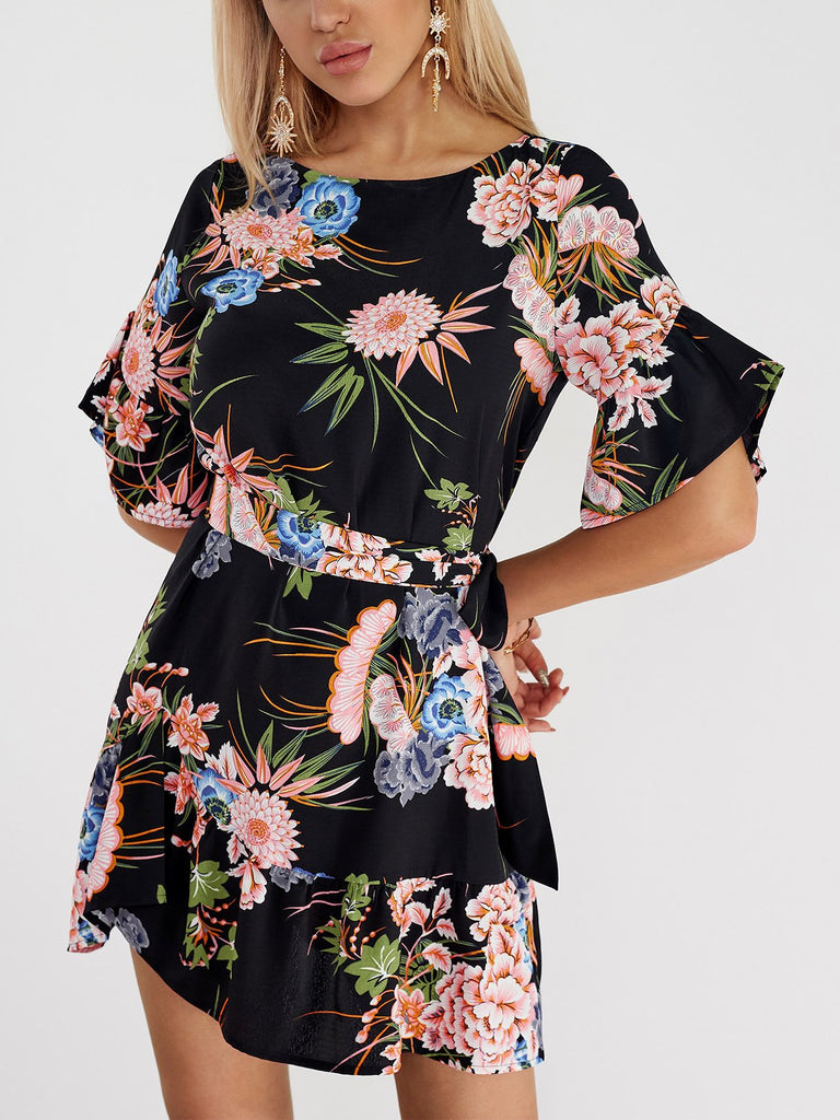 Black Round Neck Short Sleeve Floral Print Self-Tie Flounced Hem Dresses