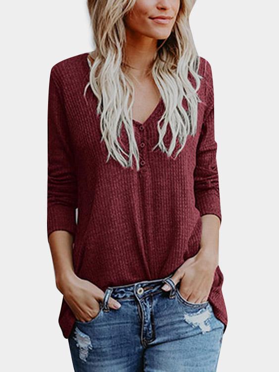 V-Neck Plain Long Sleeve Burgundy T-Shirts