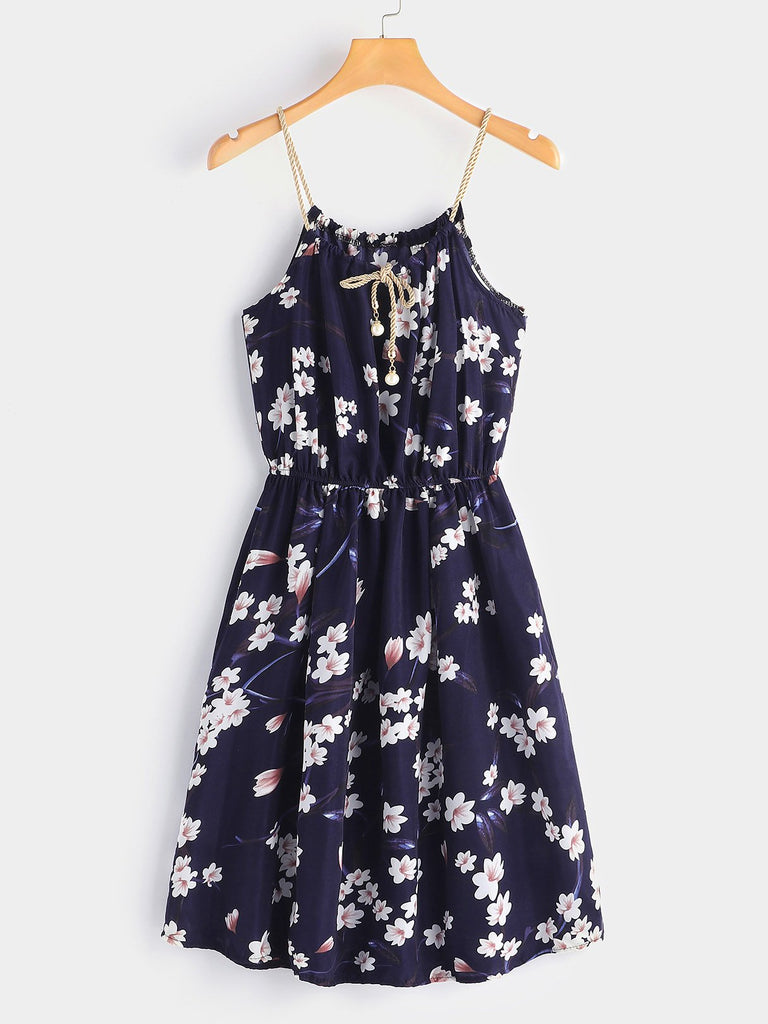 Navy Round Neck Sleeveless Floral Print Lace-Up Spaghetti Strap Dresses