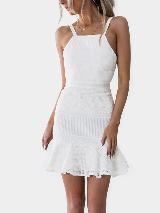 White Halter Sleeveless Lace Hollow Mini Dresses