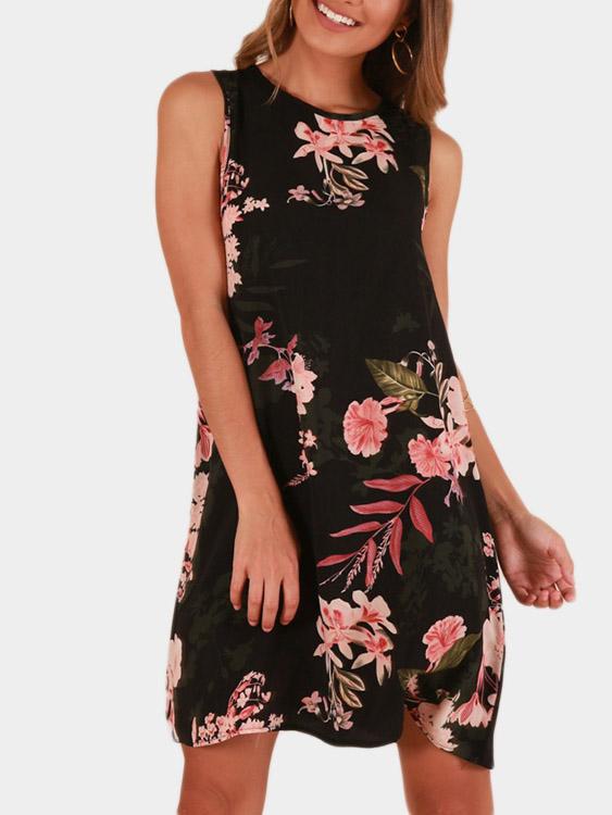 Black Round Neck Sleeveless Floral Print Dresses