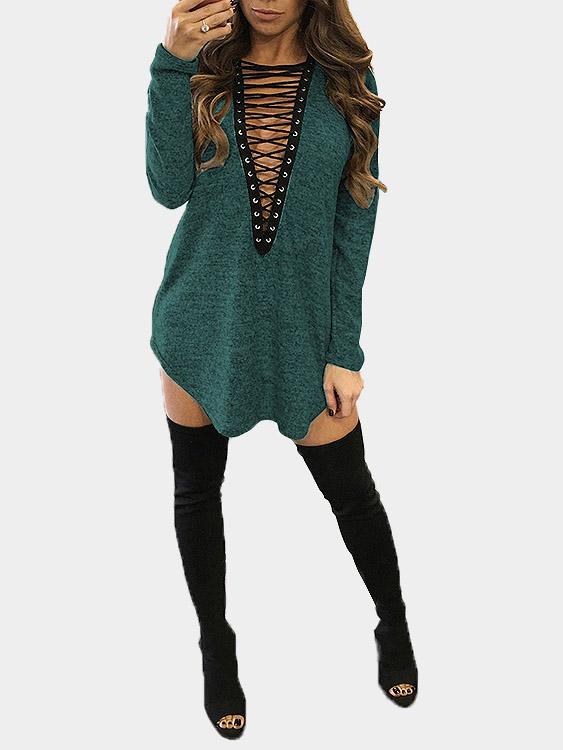 V-Neck Plain Long Sleeve Green Mini Dress