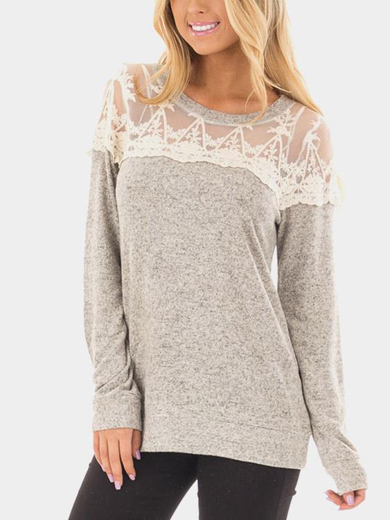 Crew Neck Lace Long Sleeve Grey T-Shirts