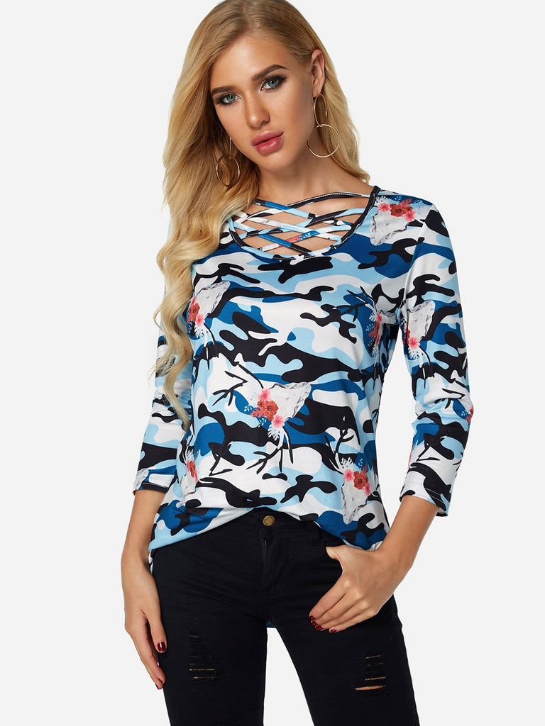 Round Neck Crossed Front Hollow Lace-Up Cut Out 3/4 Sleeve T-Shirts