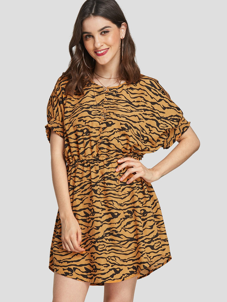 Yellow Round Neck Short Sleeve Animal Casual Dress