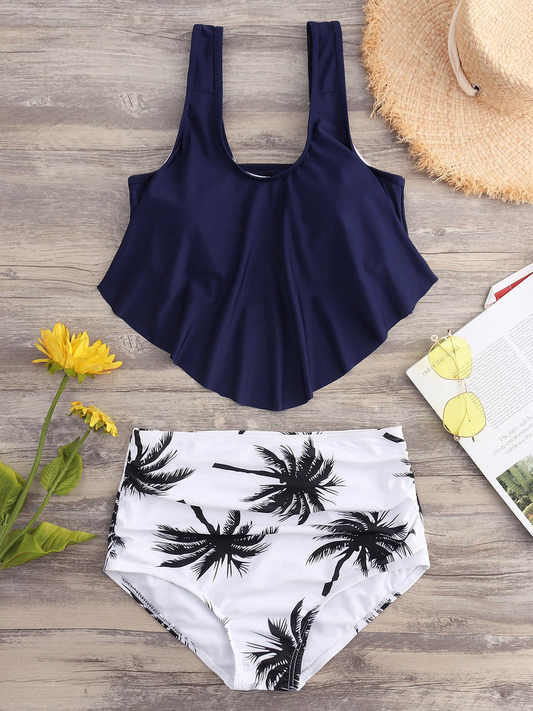Scoop Neck Sleeveless Printed Backless Irregular Hem Bikinis