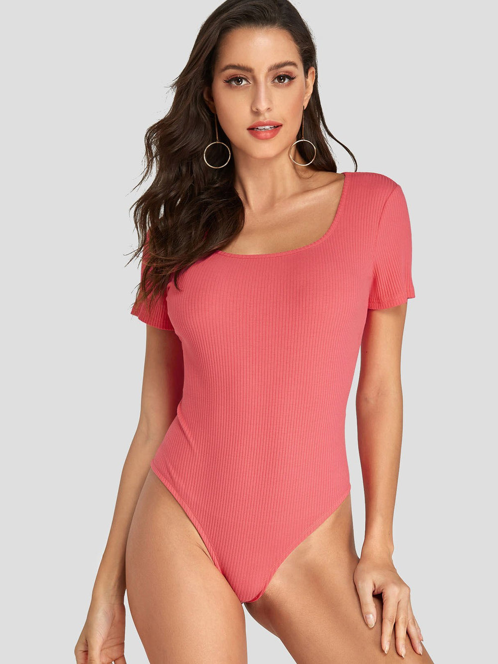 Round Neck Short Sleeve Pink Bodysuits