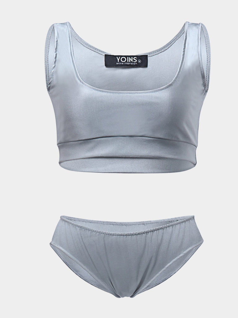 Silver Round Neck Sleeveless 2 Piece Bikinis