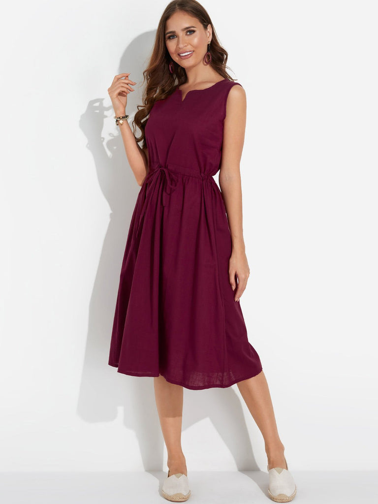 Burgundy V-Neck Sleeveless Casual Dresses