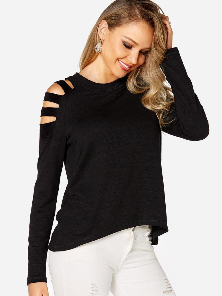 Cold Shoulder Lace-Up Long Sleeve Irregular Hem Black T-Shirt