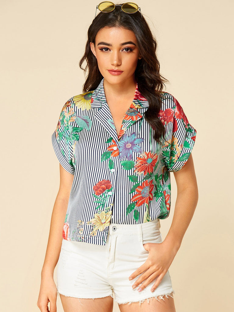 Lapel Collar Stripe Floral Print Short Sleeve Blouses