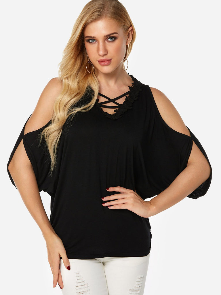 Plain Lace Half Sleeve Black Blouses