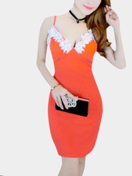 Orange V-Neck Sleeveless Lace Spaghetti Strap Bodycon Mini Dress