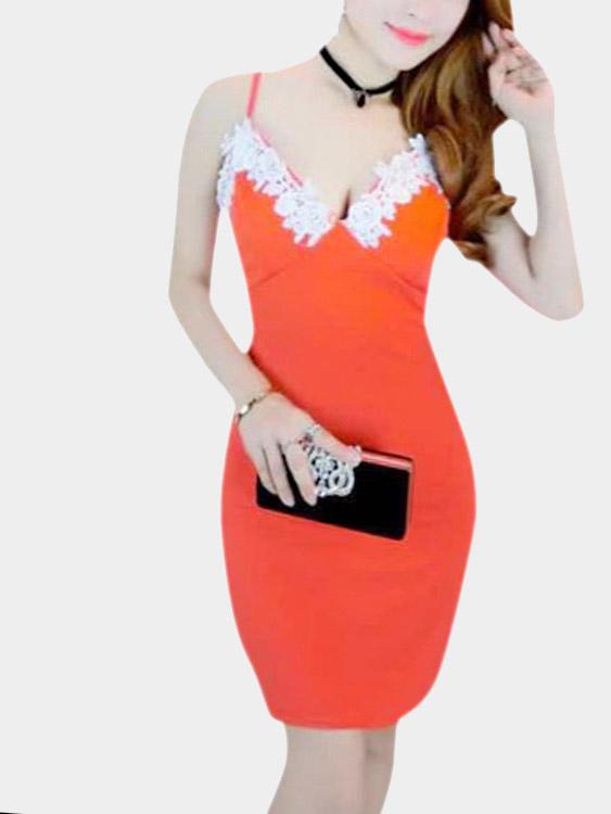 Orange V-Neck Sleeveless Lace Spaghetti Strap Bodycon Mini Dress