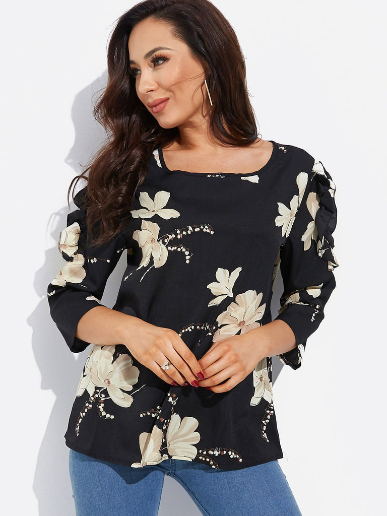Round Neck Floral Print Long Sleeve Blouses