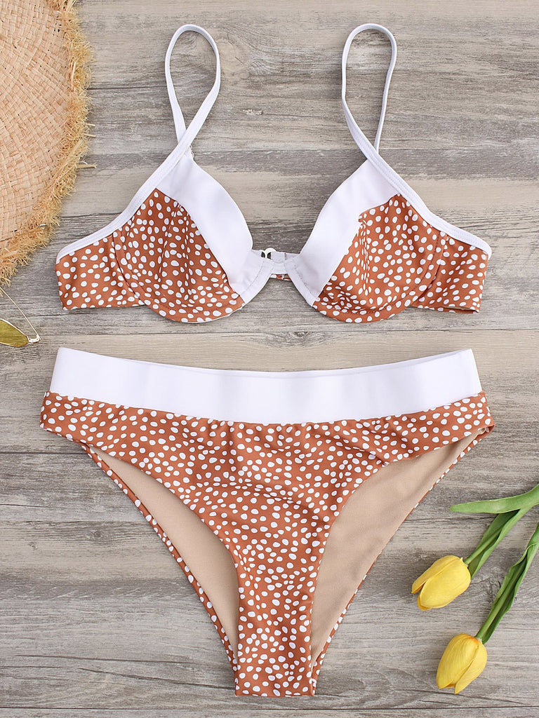 Orange V-Neck Polka Dot Backless Bikinis