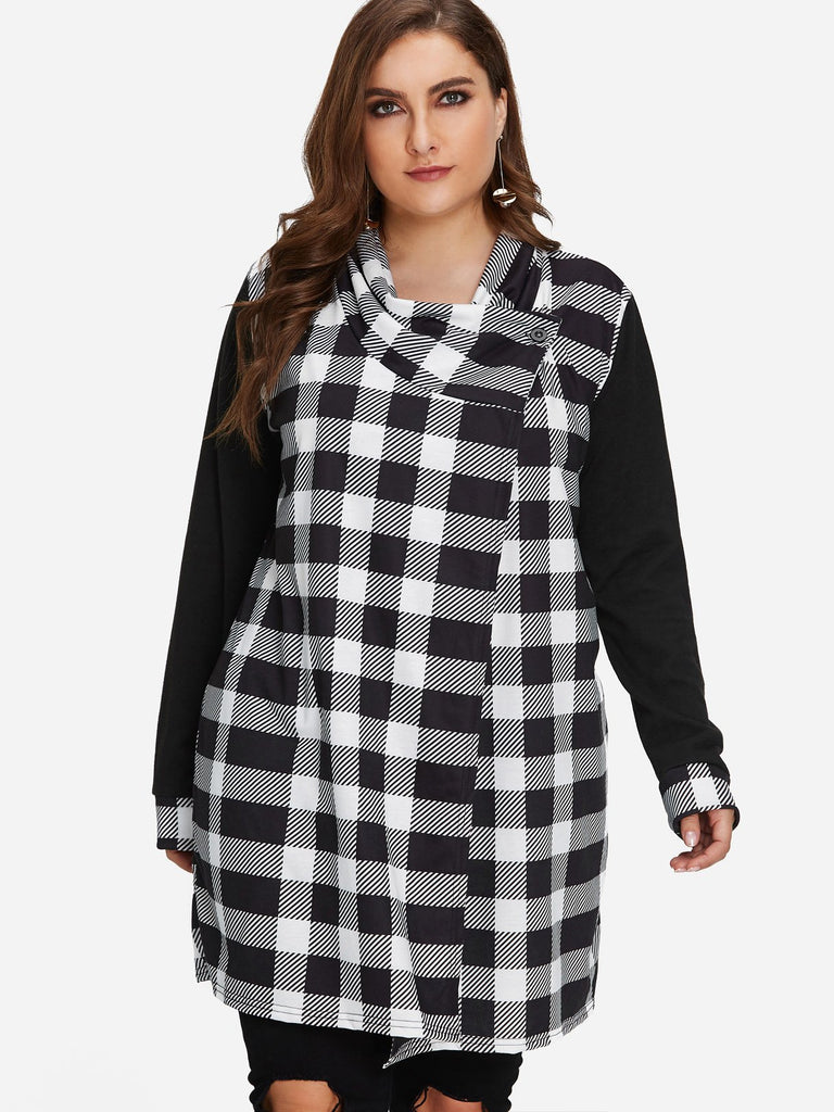 Asymmetrical Grid Long Sleeve Plus Size Coats & Jackets