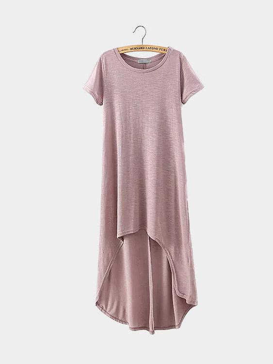 Crew Neck Short Sleeve Curved Hem Pink Shirt Dresses