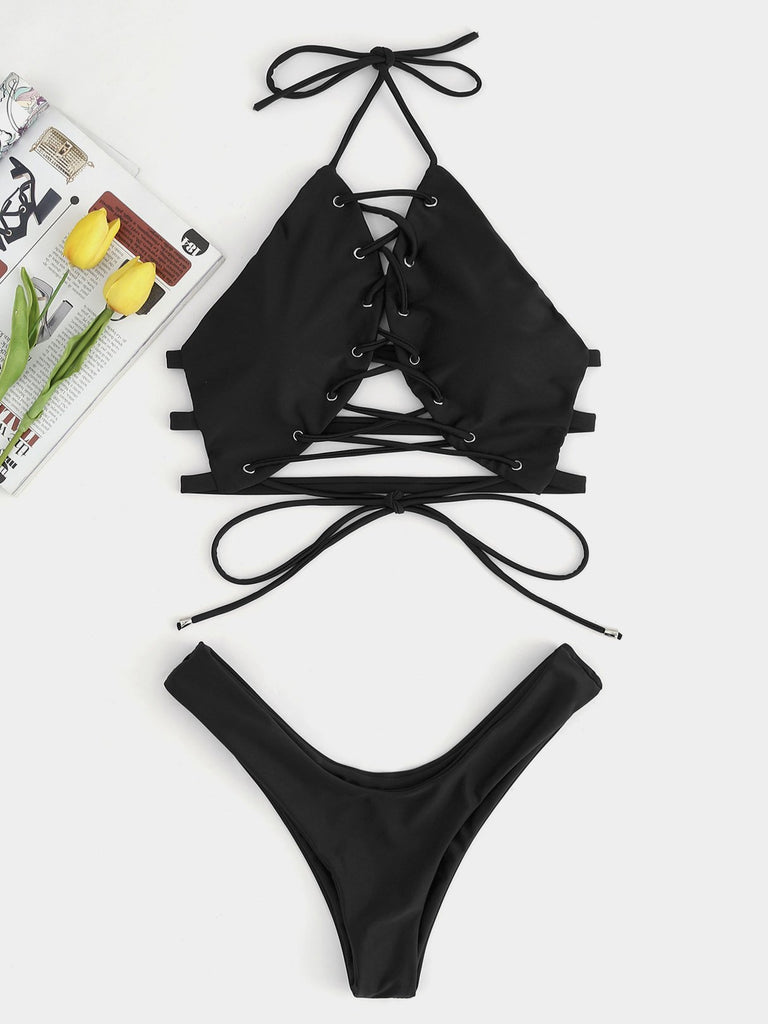 Sleeveless High Cut Lace Up Halter Bikini Suits