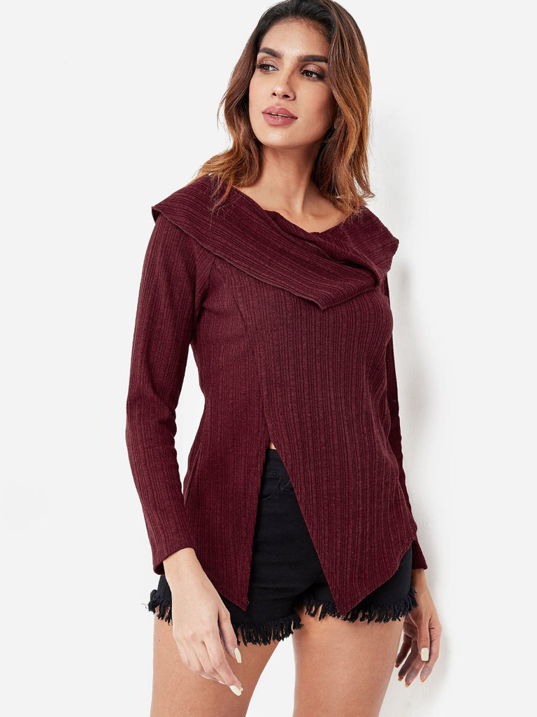 High Neck Plain Long Sleeve Slit Hem Burgundy Top