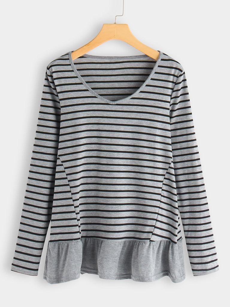 Crew Neck Stripe Long Sleeve Ruffle Hem T-Shirts