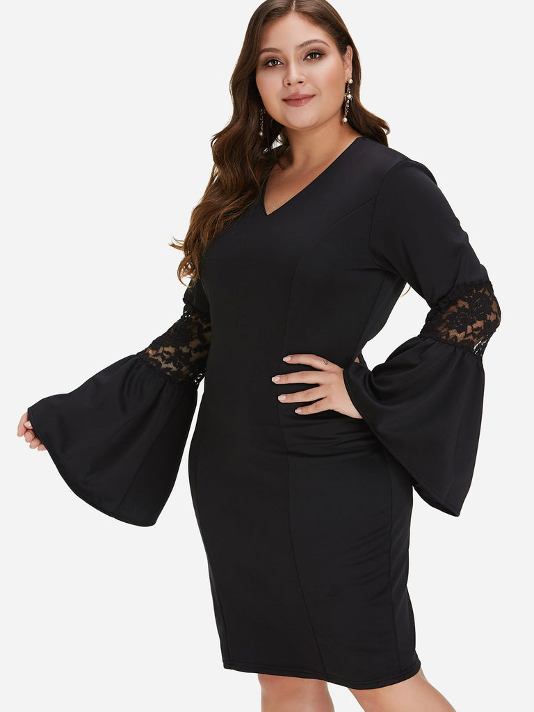 V-Neck Plain Lace Long Sleeve Black Plus Size Dress