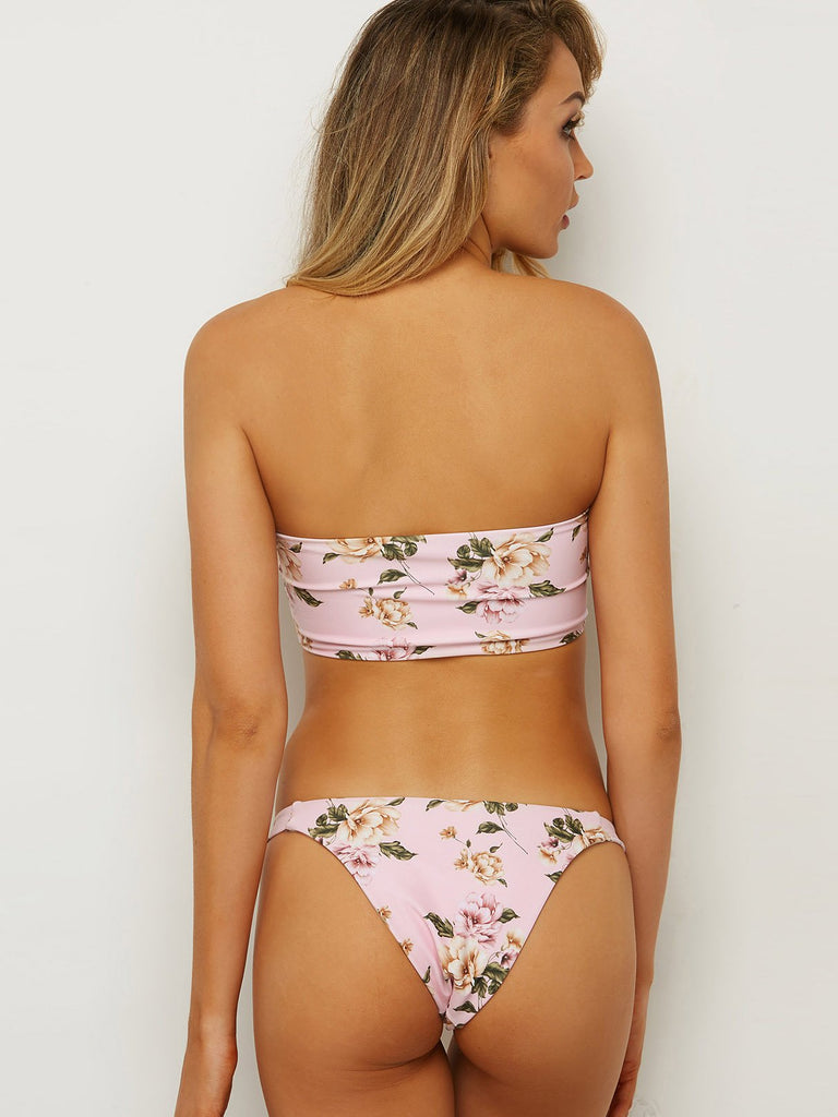 Pink Strapless Off The Shoulder Floral Print Two Piece Bikinis
