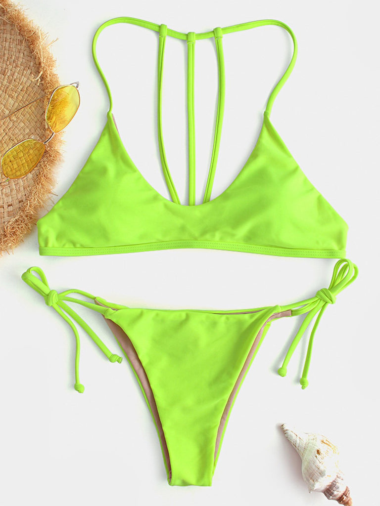 Scoop Neck Backless Tie-Up Sleeveless Green Bikinis