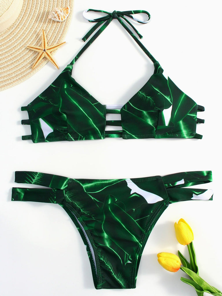 Green Halter Sleeveless Printed Cut Out Tie-Up Bikinis