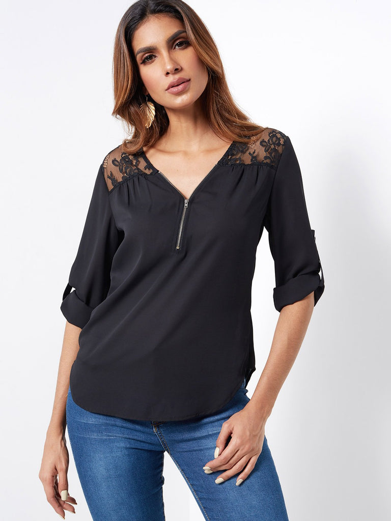 V-Neck Plain Lace Zip Back Long Sleeve Curved Hem Black Blouses