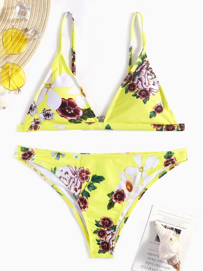 V-Neck Floral Print Backless Two Piece Bikinis