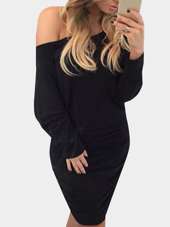 Black One Shoulder Long Sleeve Plain Sexy Dress