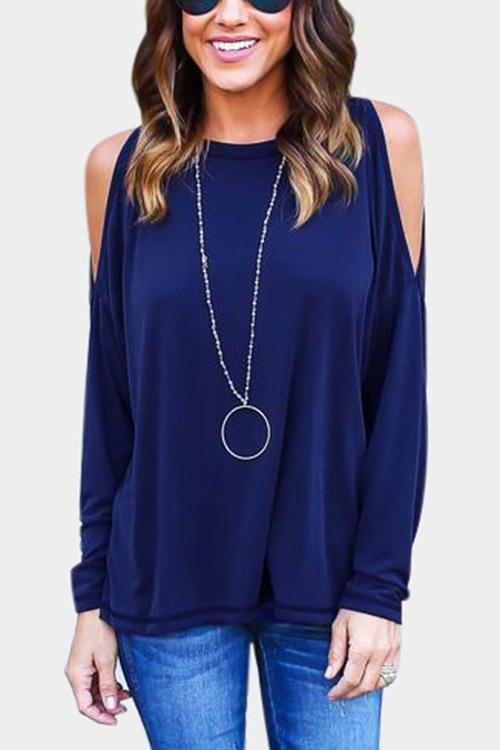 V-Neck Long Sleeve Backless Blue T-Shirts