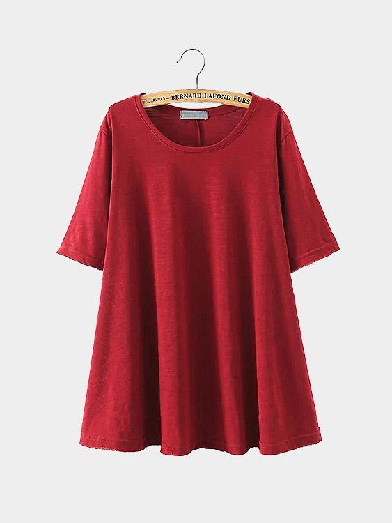 Round Neck Half Sleeve Slit Hem Red T-Shirts