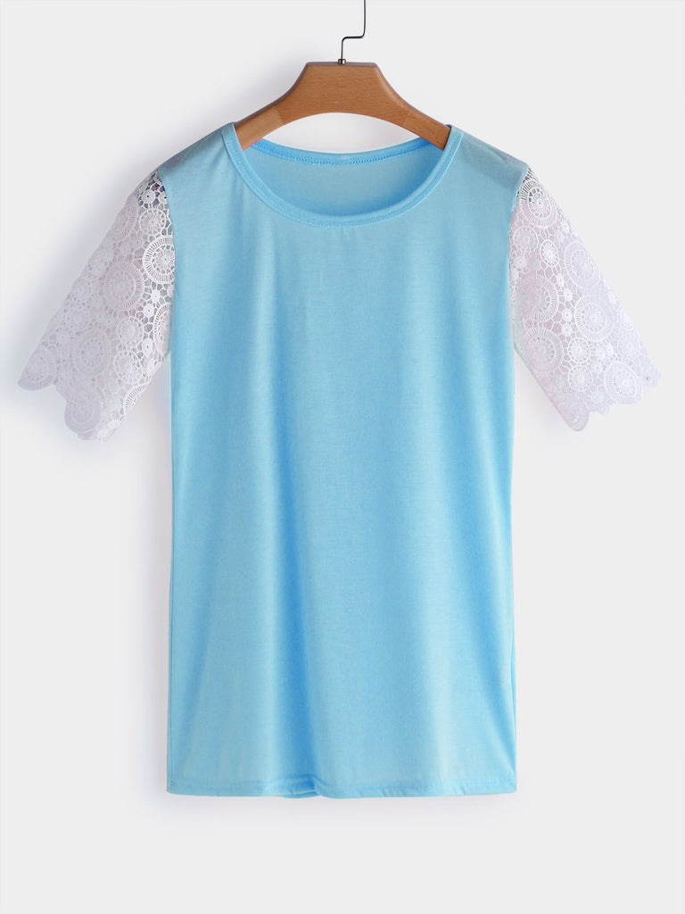 Crew Neck Plain Lace Short Sleeve Blue T-Shirts