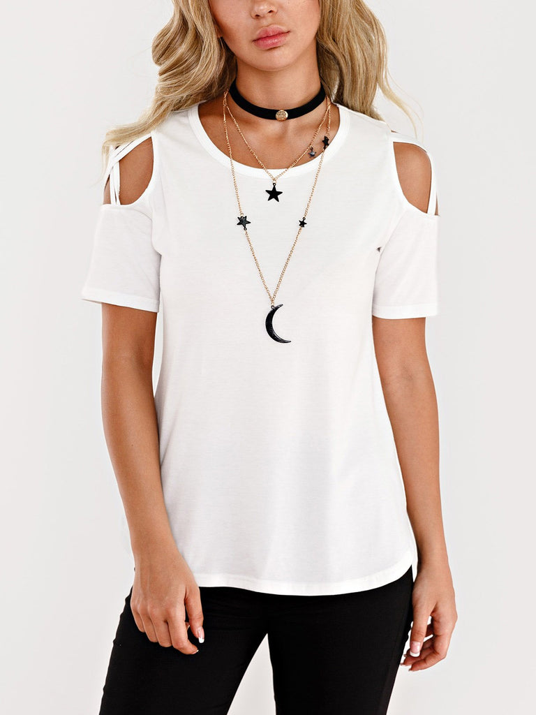 Round Neck Plain Cut Out Short Sleeve White T-Shirts
