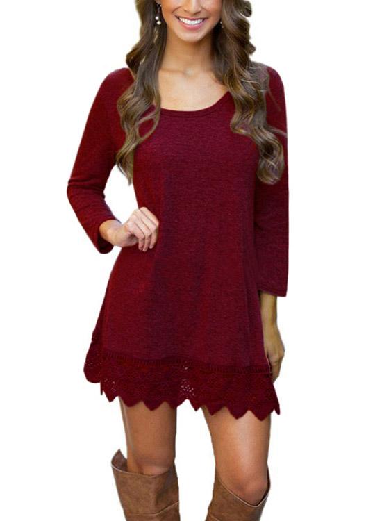 Burgundy Round Neck Long Sleeve Lace Irregular Hem Mini Dress