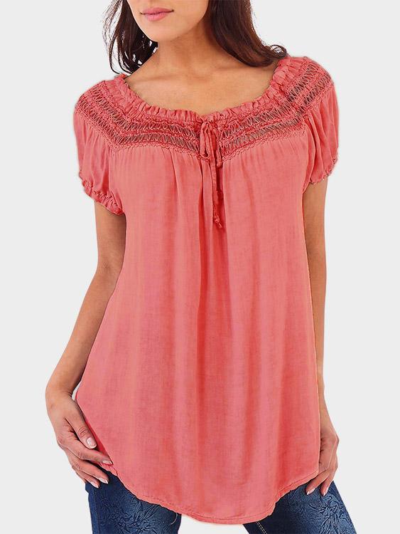 Round Neck Off The Shoulder Plain Lace Hollow Short Sleeve T-Shirts
