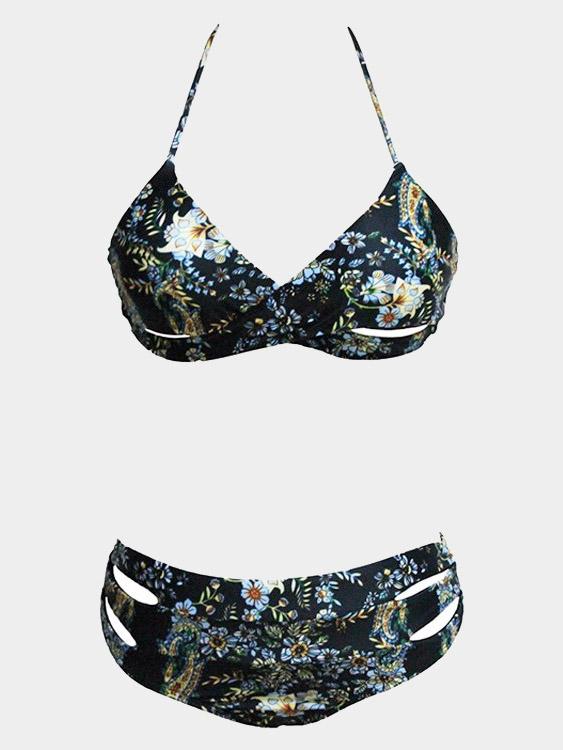 Halter V-Neck Sleeveless Floral Print Cut Out Two Piece Bikinis