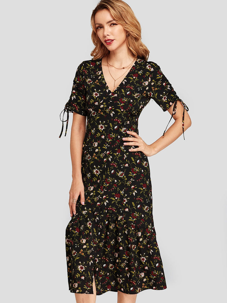 Black V-Neck Short Sleeve Floral Print Self-Tie Flounced Hem Dresses