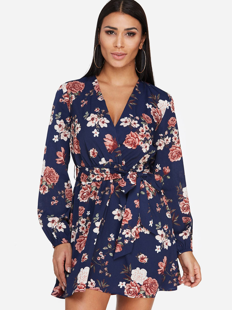 Navy V-Neck Long Sleeve Floral Print Self-Tie Ruffle Hem Mini Dress