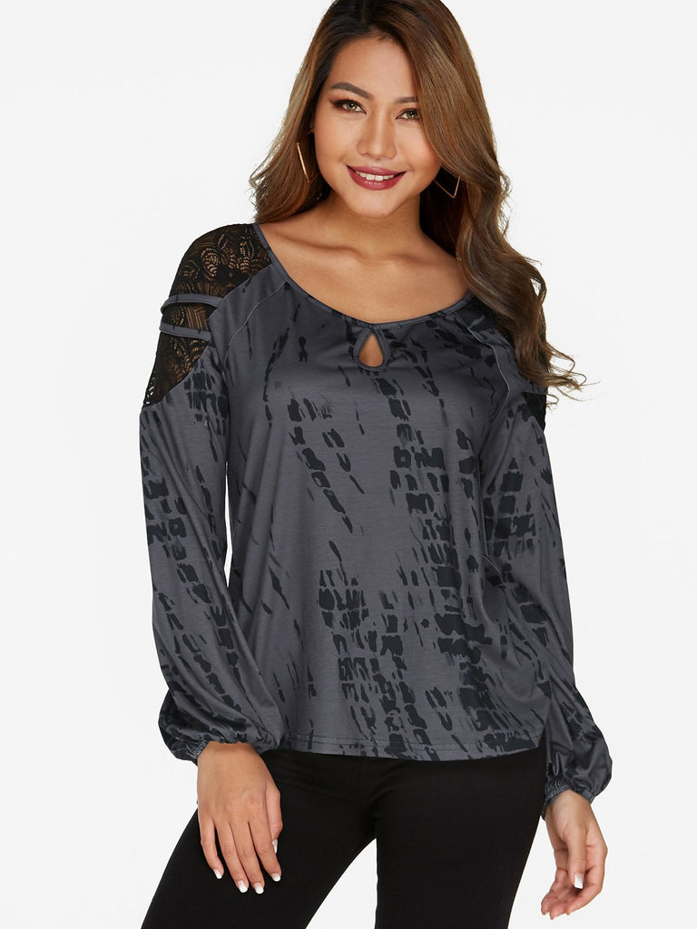 Grey Round Neck Lace Long Sleeve Fashion T-Shirts
