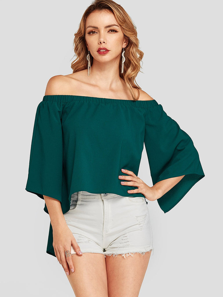 Off The Shoulder Half Sleeve Green Blouses